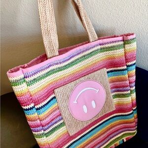 Packed Party Pink Multicolor Crochet Tote with Smiley Patch